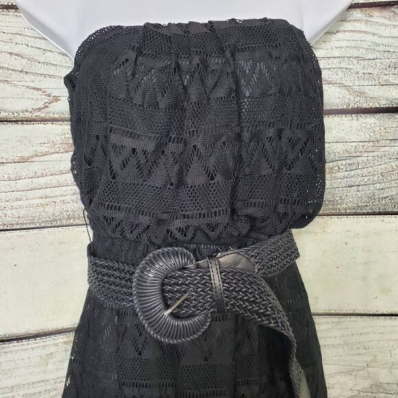 Vanity Women’s Black Strapless Crochet Overlay Dress w/ Belt Size M - Picture 2 of 6